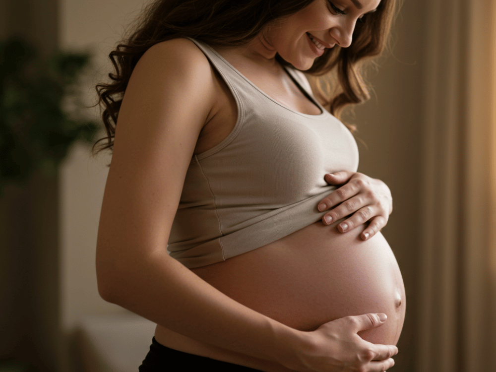 Mãe gestante acariciando a barriga enquanto conversa com o bebê no útero.