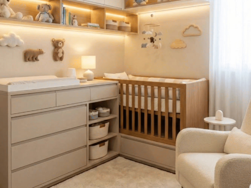 Quarto de bebê que nunca sai de moda.  Iluminação aconchegante 